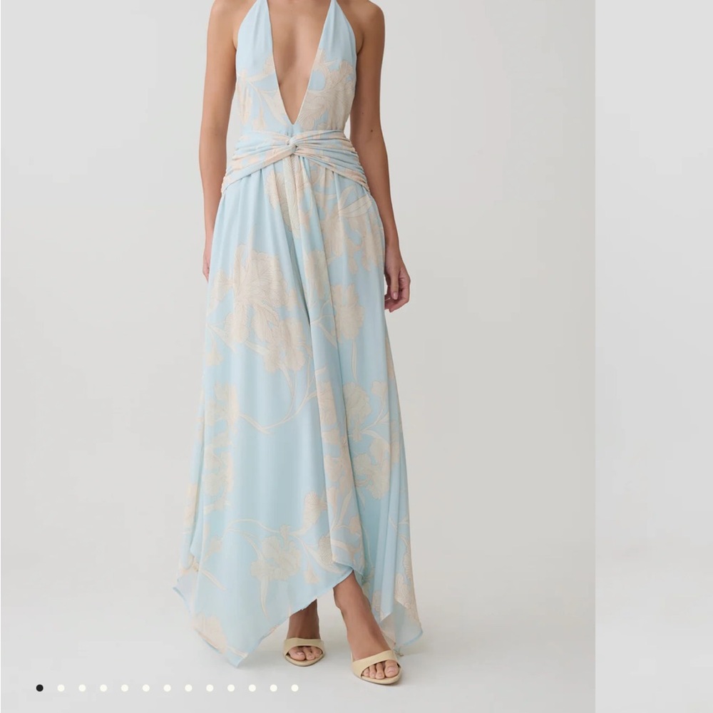 Meshki Light Blue and Cream Floral Halter Maxi Dress